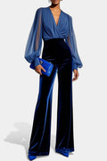 Mikaella V-Neck Blue Velvet Jumpsuit with Long Sleeves