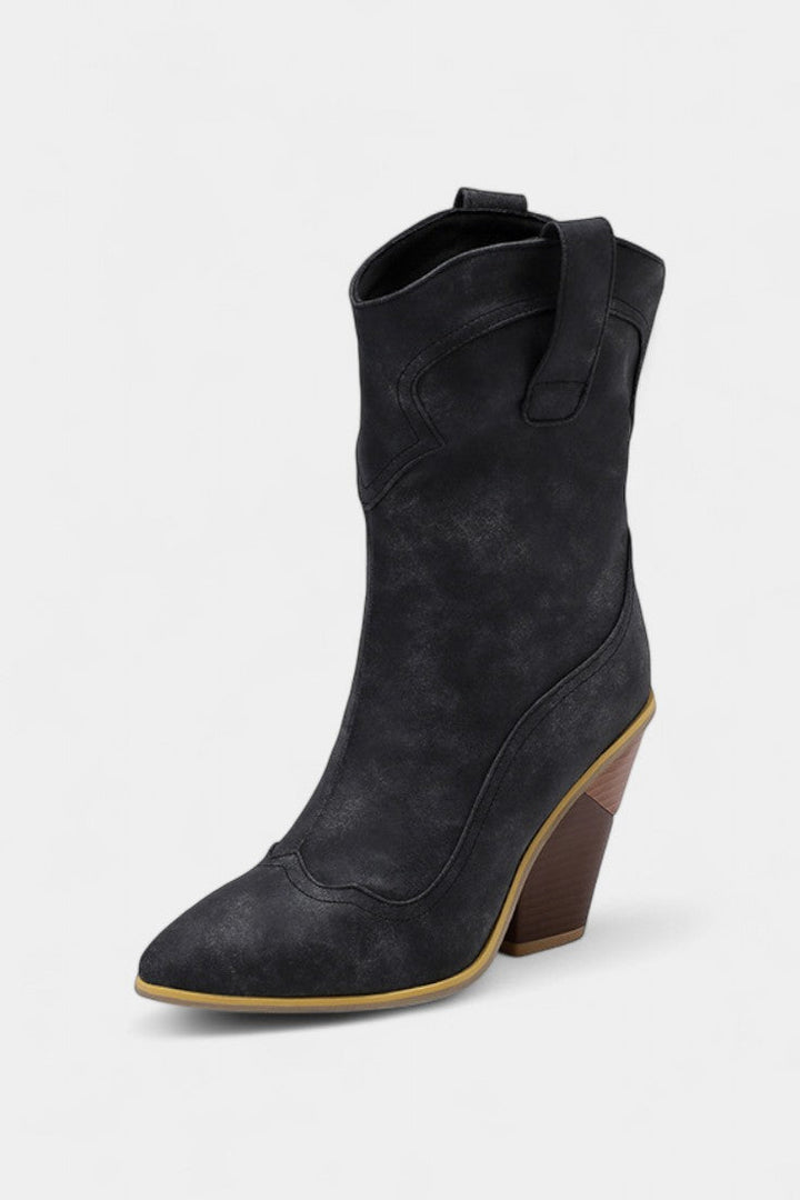 Soft Leather Western Ankle Boot with Pointed Toe and Chunky Heel