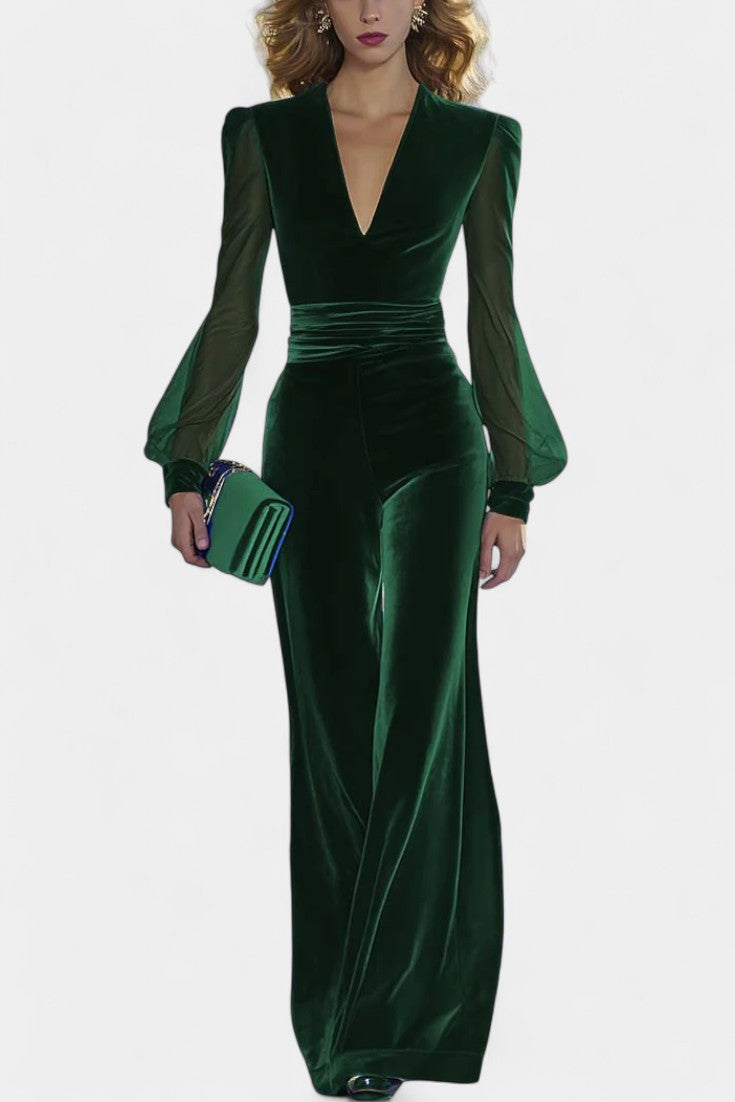 Clarène V-Neck Velvet Jumpsuit with Long Sleeves