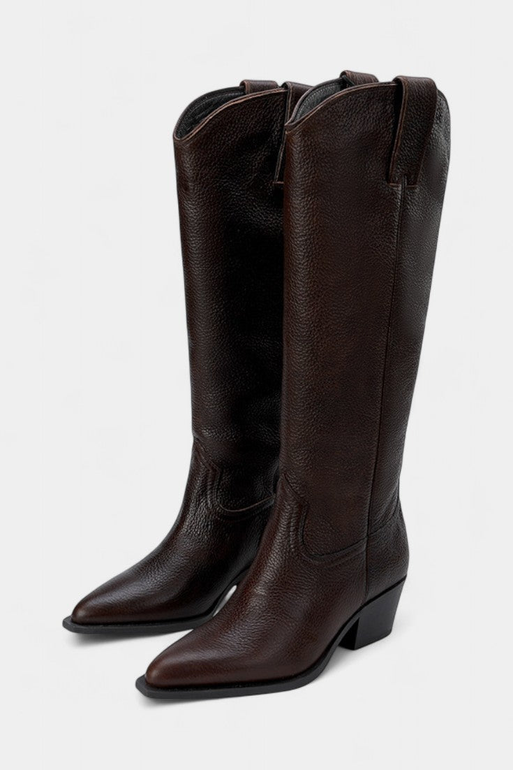 Icelle Brown Leather Equestrian Boots with Pointed Toe and Low Heel Design