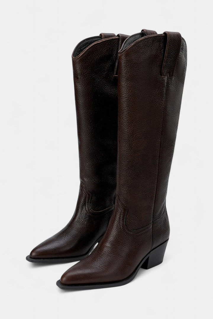Icelle Brown Leather Equestrian Boots with Pointed Toe and Low Heel Design