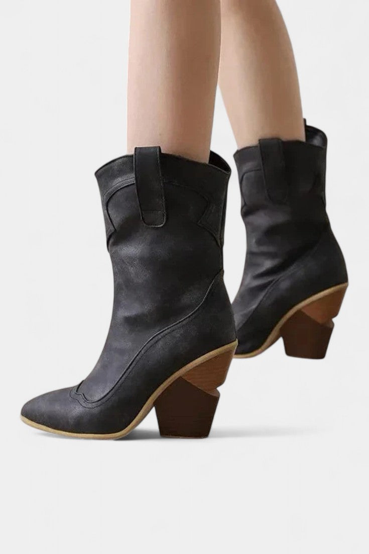 Soft Leather Western Ankle Boot with Pointed Toe and Chunky Heel