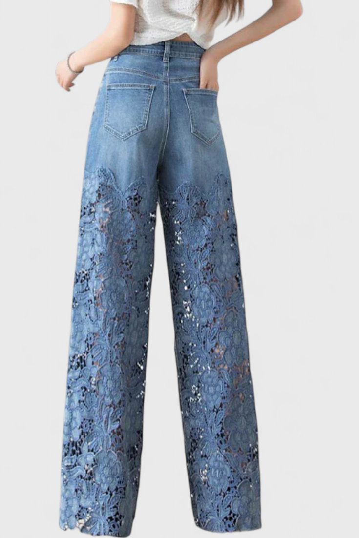 Denim Jasiel Palazzo Pants Featuring Openwork Lace Details