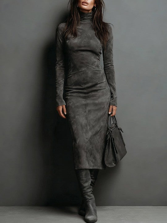 Feliza – Suede Feel Midi Dress with Long Sleeves