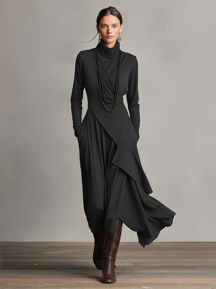 Carrie – Asymmetrical Knit Maxi Dress with Turtleneck