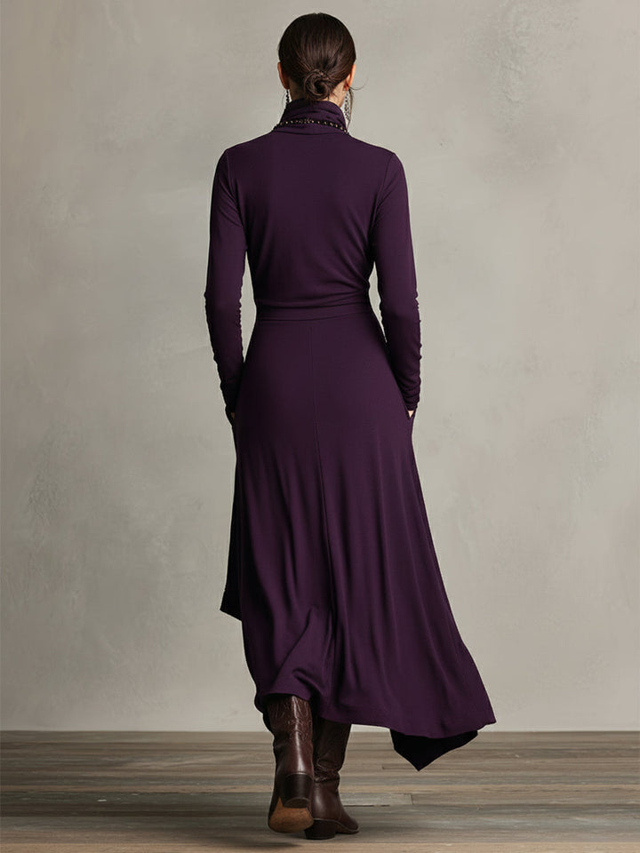 Carrie – Asymmetrical Knit Maxi Dress with Turtleneck