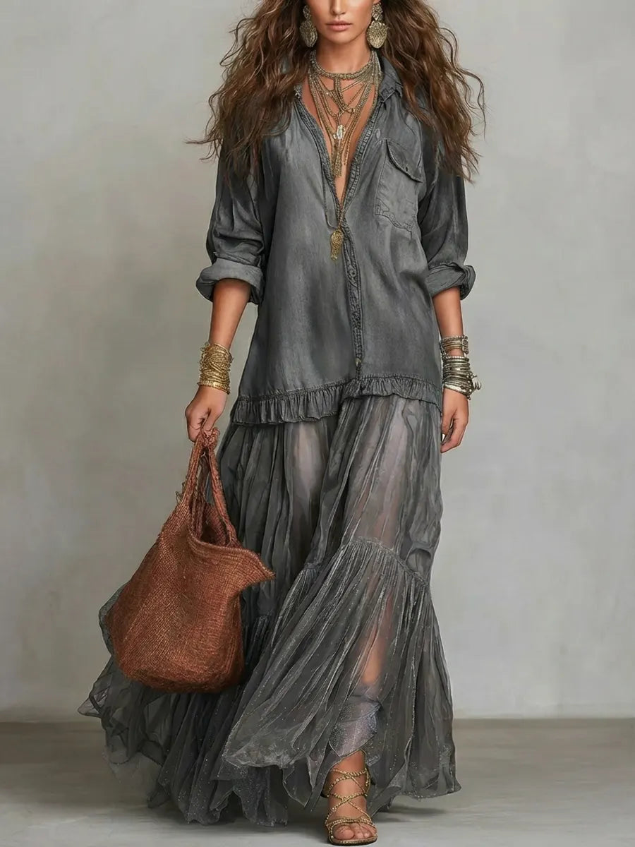 Alene - Denim Patchwork Maxi Dress