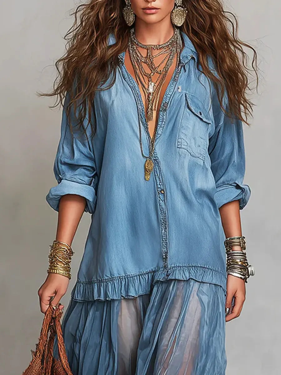 Alene - Denim Patchwork Maxi Dress