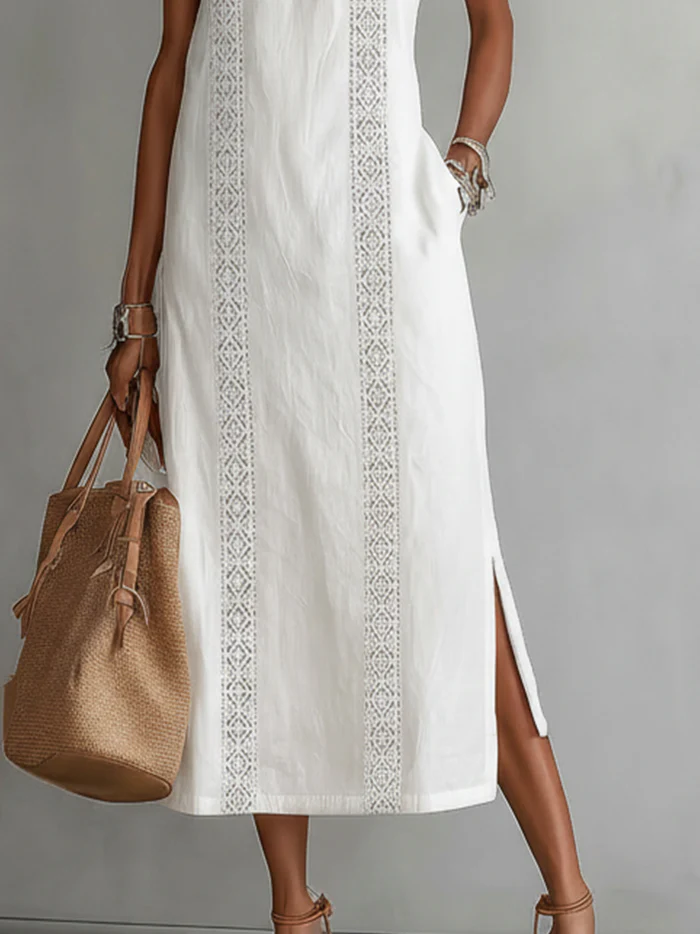 Janina - Linen Midi Dress with Mao Collar