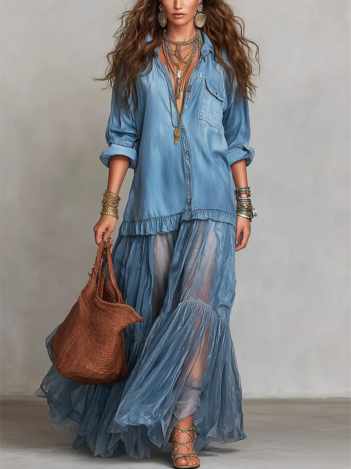 Alene - Denim Patchwork Maxi Dress