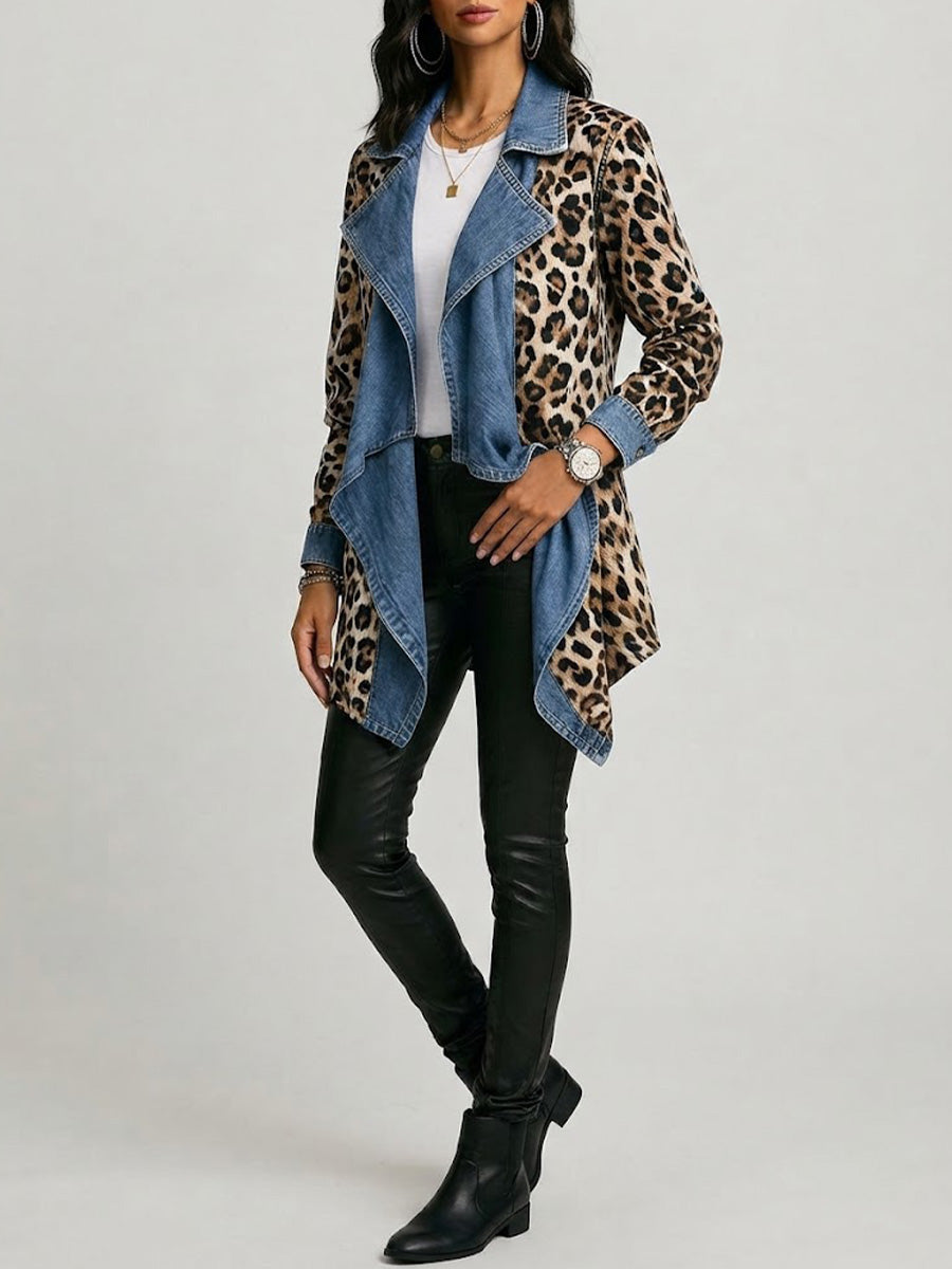 Sherilyn™ | Leopard Print & Washed Paneled Mid-Length Jacket