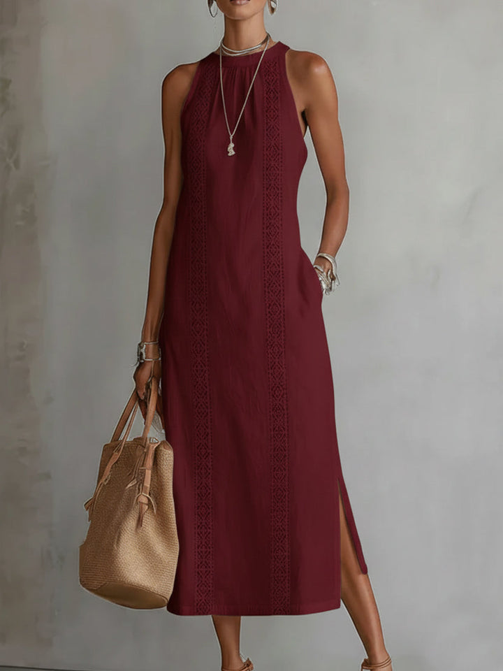 Janina - Linen Midi Dress with Mao Collar