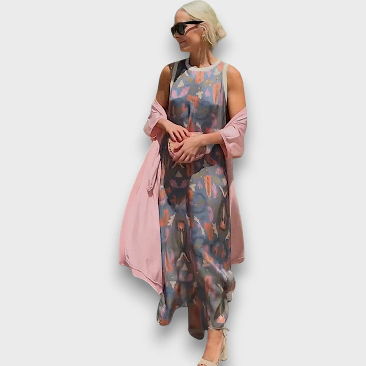 Vera – Flowing Maxi Dress with Pastel Cardigan