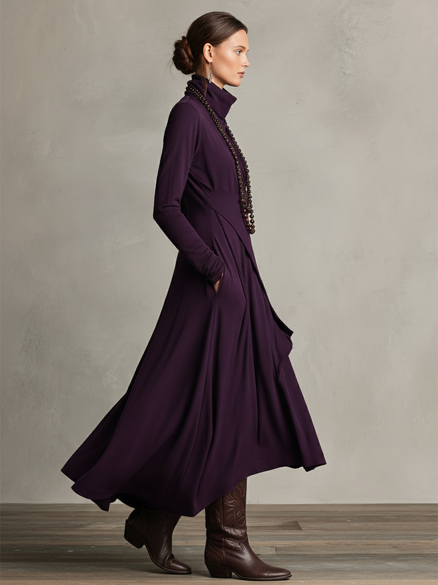 Carrie – Asymmetrical Knit Maxi Dress with Turtleneck